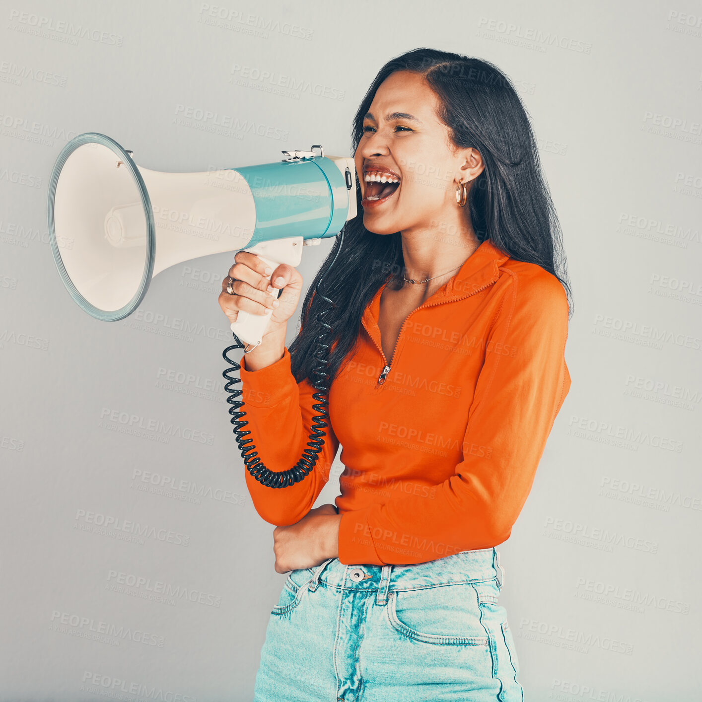 Buy stock photo Megaphone, protest and woman shouting in studio isolated on gray background for voice. Screaming, angry and student with loudspeaker for human rights, change or justice, announcement or speech