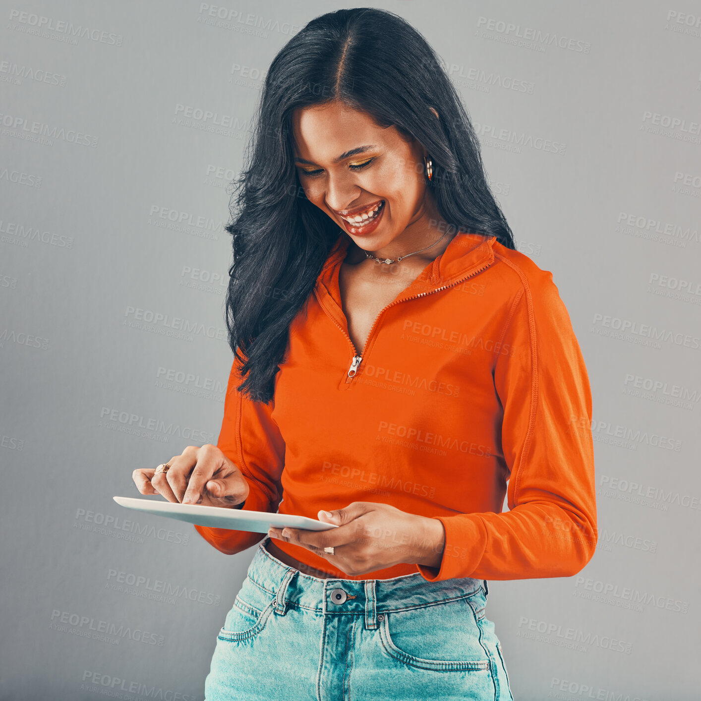 Buy stock photo Winner, reading and woman with tablet, studio and notification of email, alert and happy for raise. Celebration, wow and person with app, lottery and excited for competition and white background