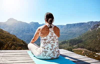 Buy stock photo Yoga, back and woman relax outdoor for fitness, body health and mountain view for peace. Yogi, person and sitting on mat in lotus position for holistic exercise, practice and meditation for wellness