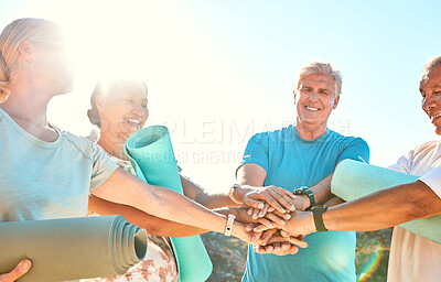 Buy stock photo Hands, huddle and yoga with senior friends outdoor in nature for solidarity, support or wellness. Exercise, fitness or smile of mature man and woman group in park for holistic routine or unity