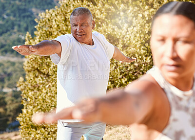 Buy stock photo Warrior pose, yoga and senior people in nature for holistic health, flexibility and workout. Pilates, exercise and healing with man and woman in class for breathing, zen and wellness balance