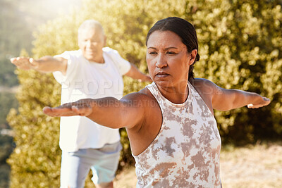 Buy stock photo Warrior pose, fitness and senior people in nature for holistic health, flexibility and workout. Pilates, exercise and yoga with man and woman in class for breathing, zen and wellness balance