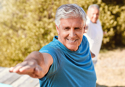 Buy stock photo Warrior pose, smile and senior man in nature for holistic health, flexibility and workout. Pilates, exercise and healing with people stretching in class for breathing, yoga and wellness balance