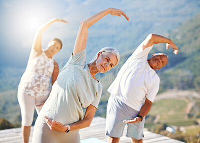 Buy stock photo Fitness, stretching and yoga with mature people outdoor in mountains together for start of routine. Arms, pilates and warm up with senior friends getting ready for holistic or wellness exercise