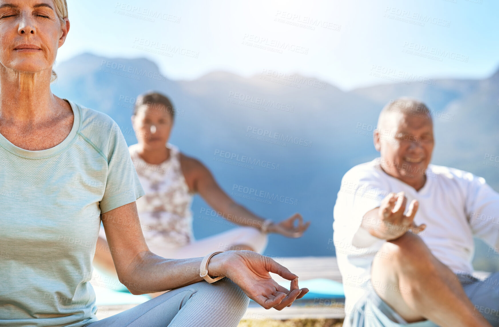 Buy stock photo Meditation, yoga and senior people in nature for holistic health, flexibility and workout. Pilates, exercise and healing with group of friends in class for breathing, lotus pose and wellness balance