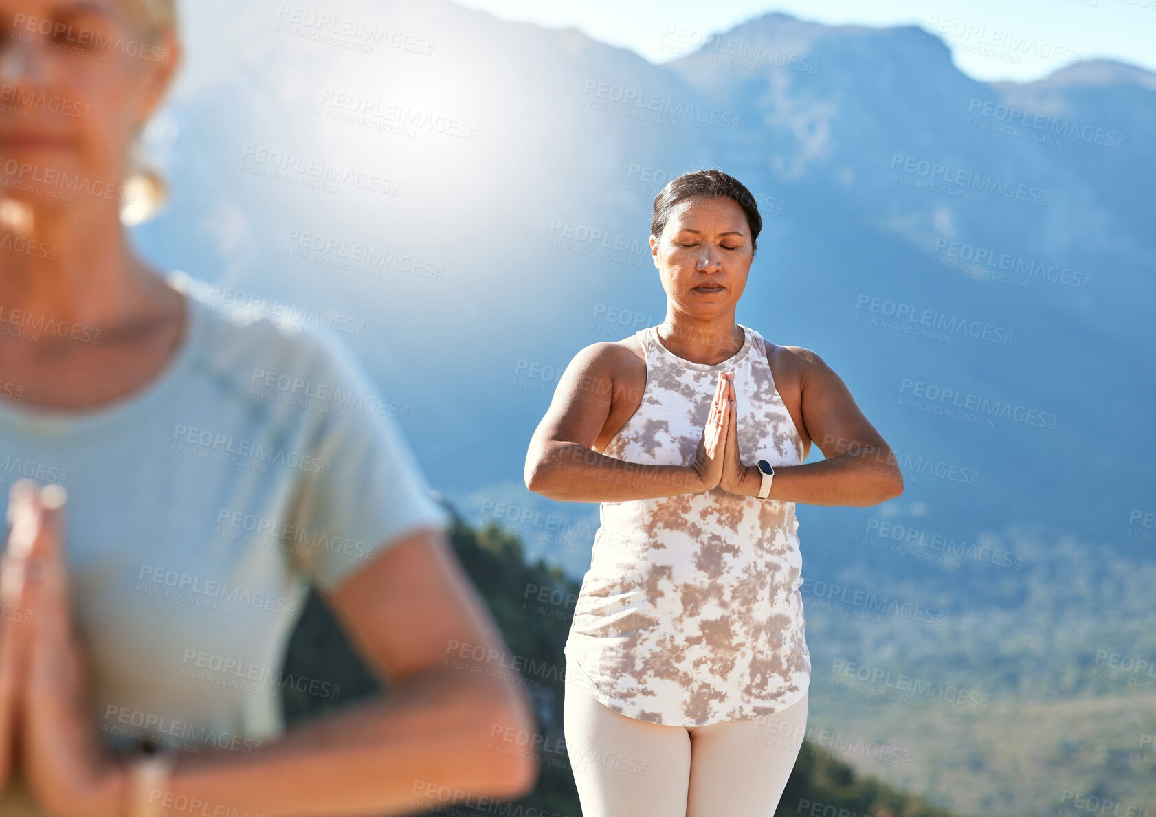 Buy stock photo Yoga, namaste and mature woman meditate in nature for fitness, body health or peace with class. Spiritual, calm and person with prayer hands for breathing exercise, zen and mindfulness for wellness