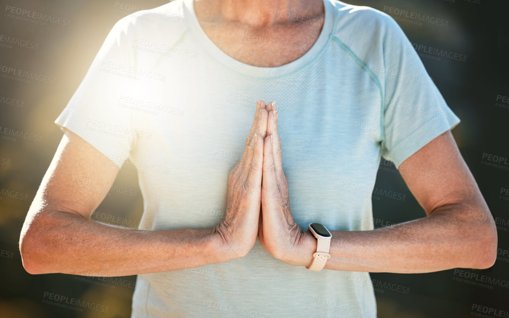 Buy stock photo Yoga, prayer hands and mature woman meditate in nature for fitness, body health or peace outdoor. Spiritual, calm and person with namaste pose for breathing exercise, zen and mindfulness for wellness