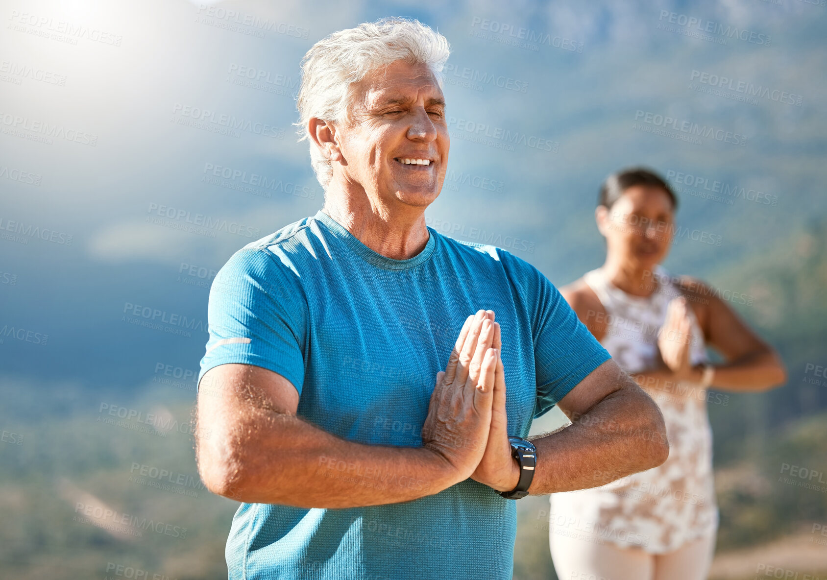 Buy stock photo Yoga class, happy man and namaste to meditate in nature for fitness, body health and peace outdoor. Spiritual, calm and senior people with prayer hands for breathing exercise, chakra and mindfulness