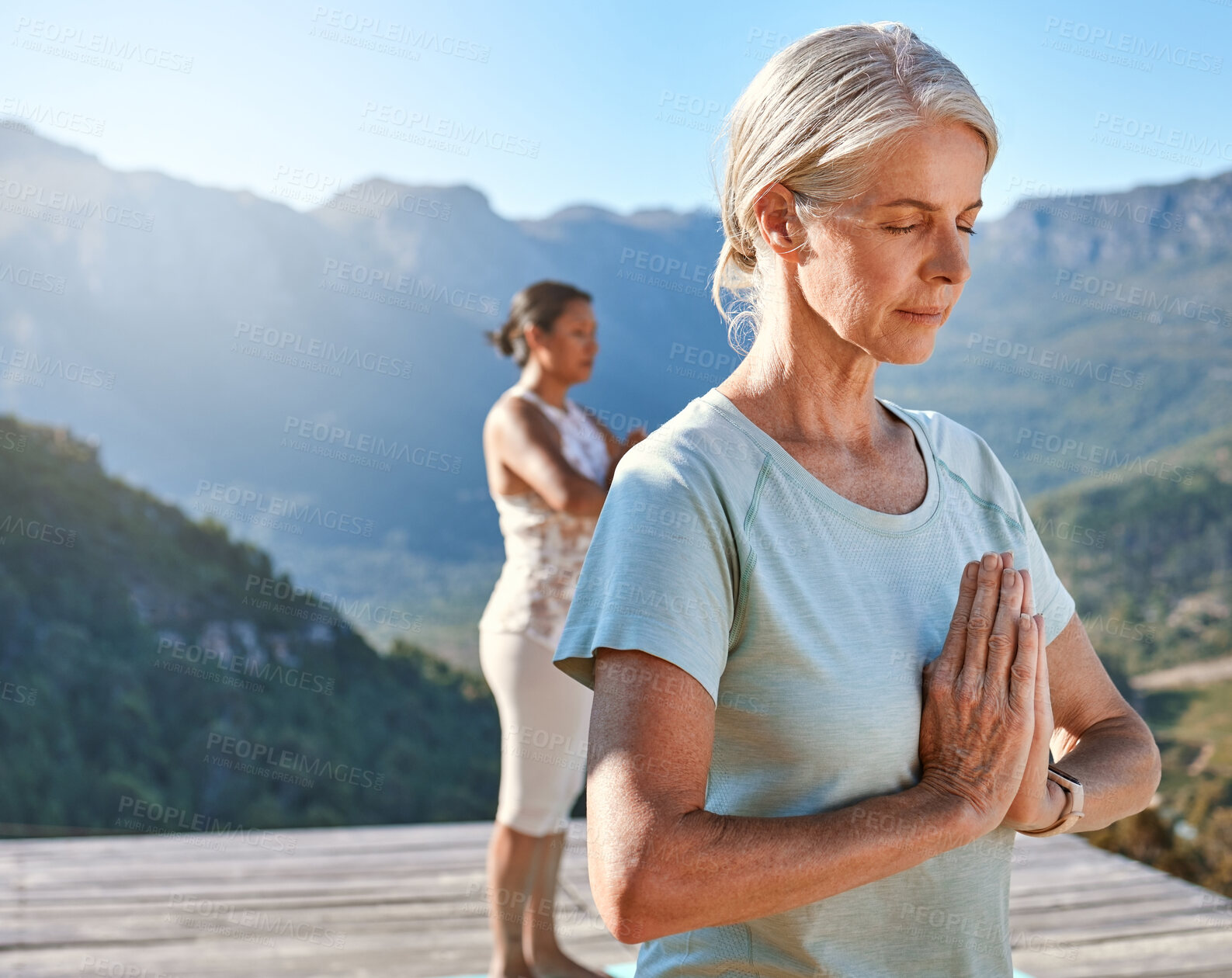 Buy stock photo Yoga, mature woman and prayer hands to meditate in nature for fitness, body health or peace outdoor. Spiritual, calm and people with namaste pose for breathing exercise, chakra and mindfulness class