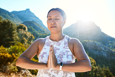 Buy stock photo Yoga, prayer hands and woman meditate outdoor for fitness, body health and peace by mountain. Calm, mature person and namaste pose for holistic breathing exercise, zen and mindfulness for wellness