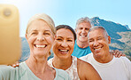 Group of active seniors posing together for a selfie or video call on a sunny day against a mountain view background. Happy retirees exercising together outdoors. Living healthy and active lifestyles