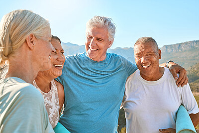 Buy stock photo Senior, happy group and laughing with friends on mountain for workout, exercise or bonding in nature. Mature, people or yoga team with smile in joy for zen, health and outdoor wellness together