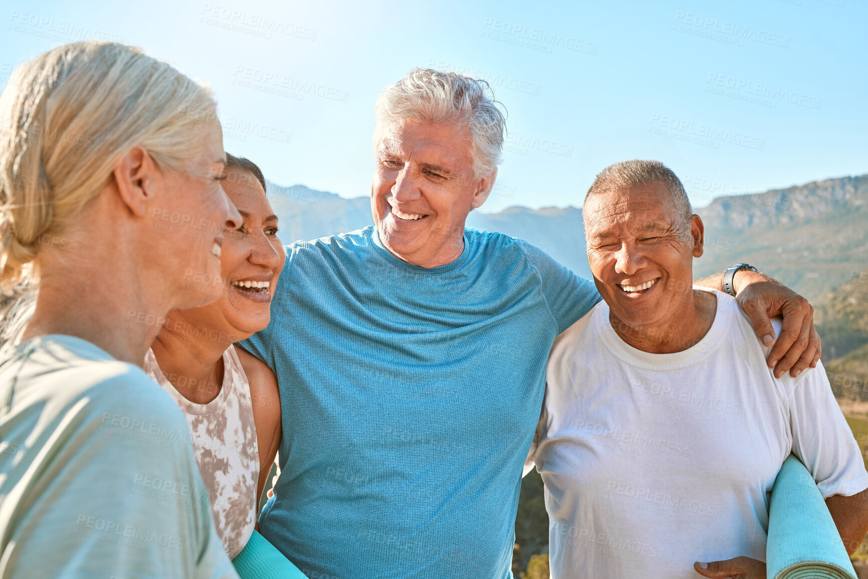 Buy stock photo Senior, happy group and laughing with friends on mountain for workout, exercise or bonding in nature. Mature, people or yoga team with smile in joy for zen, health and outdoor wellness together