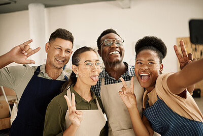 Buy stock photo People, employees and peace sign on selfie as tailor for social media, memory and profile picture. Small business, people and fun on work break with pride for teamwork, coworking and collaboration