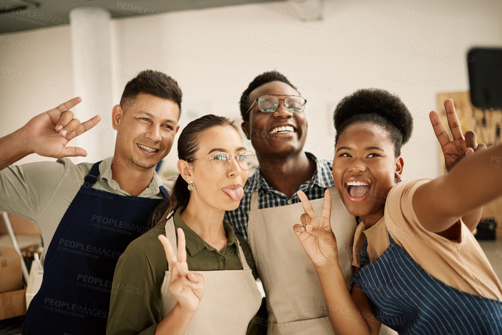 Buy stock photo People, employees and peace sign on selfie as tailor for social media, memory and profile picture. Small business, people and fun on work break with pride for teamwork, coworking and collaboration