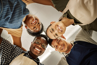 Buy stock photo Portrait, barista and happy team together at cafe for support, solidarity or about us in circle below. Group diversity, waiters and people at coffee shop for collaboration, huddle and face at startup