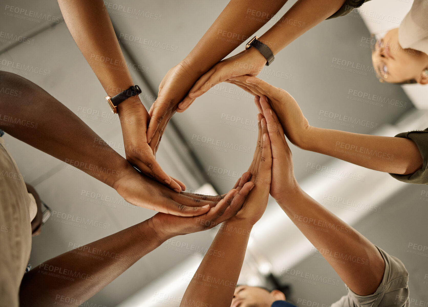 Buy stock photo Circle, below and hands of people in huddle for group mission, support and startup together. Workshop, low angle and designers with synergy for manufacturing industry, textile production or teamwork