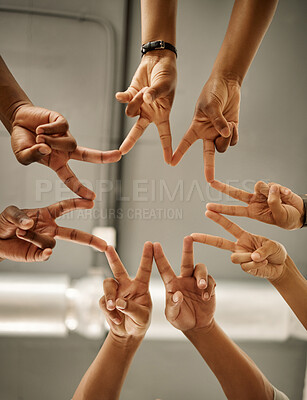 Buy stock photo Star, below and hands of people in huddle for group mission, support and startup together. Workshop, low angle and designers with synergy for manufacturing industry, textile production or teamwork