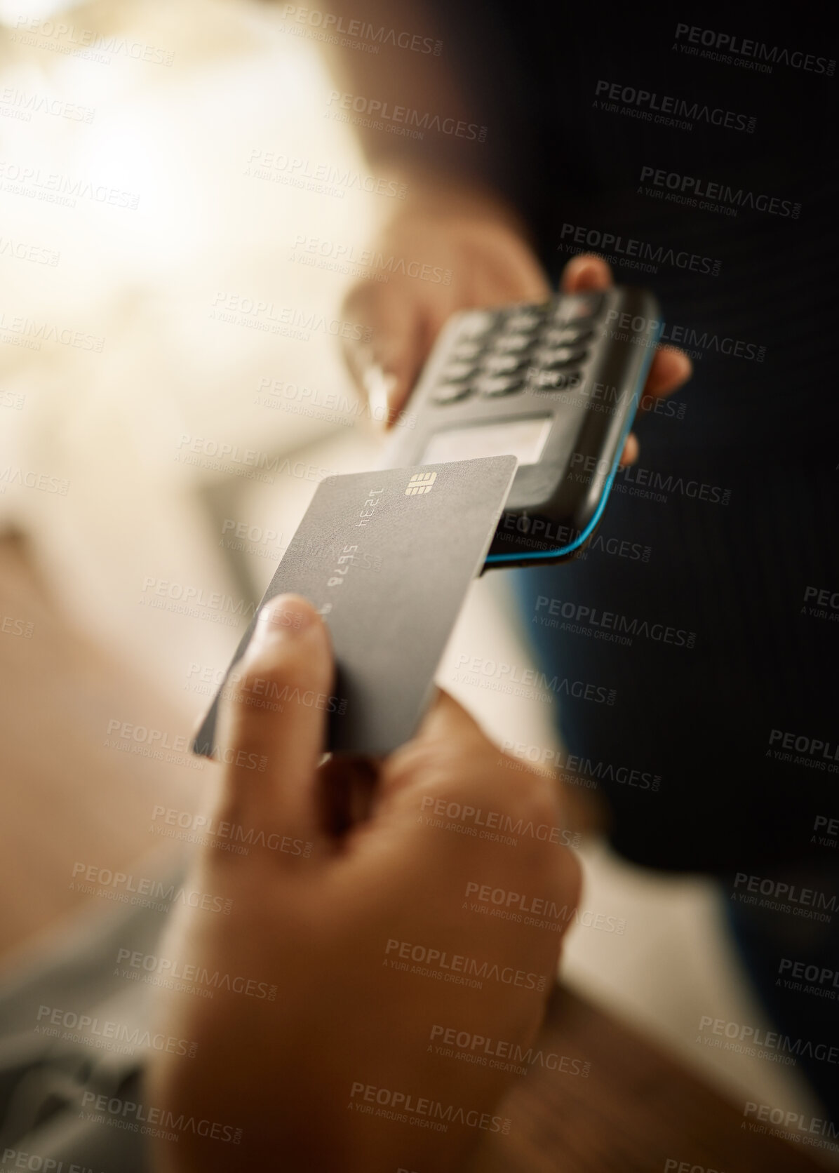 Buy stock photo Hands, people and machine with credit card for payment, sale and purchase with transaction. Closeup, customer and business with electronic pos or debit for deal, fintech and ecommerce for service