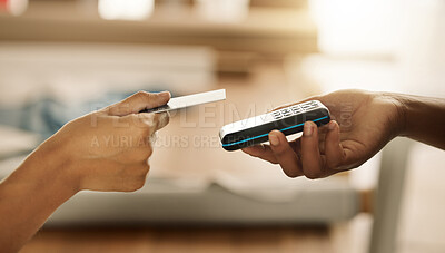 Buy stock photo Hands, people and machine with debit card for payment, sale and purchase with transaction. Closeup, customer and business with electronic pos or credit for deal, fintech and ecommerce for service