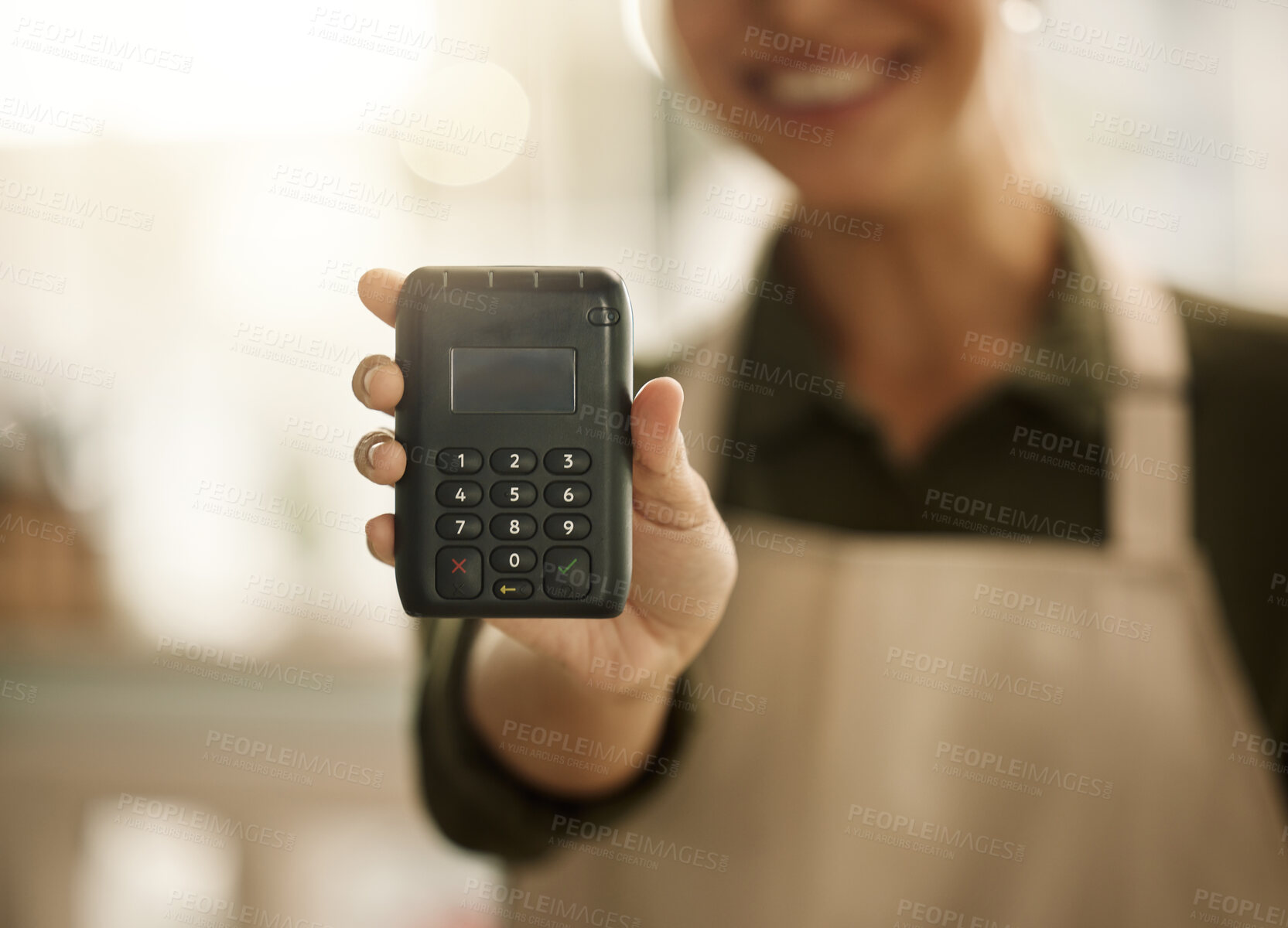 Buy stock photo Hands, person and happy with card machine for payment, sale or purchase with transaction. Closeup, small business and smile with electronic pos on portrait for deal and ecommerce for service