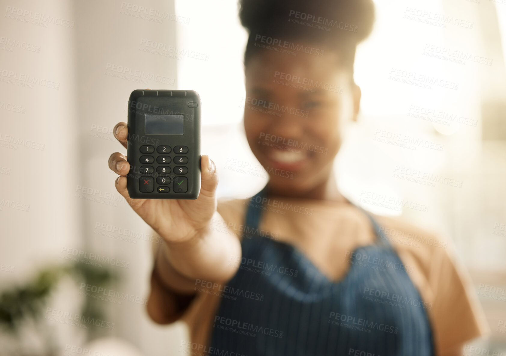 Buy stock photo Hands, woman and happy with card machine for payment, sale or purchase with transaction. Closeup, business person and employee with electronic pos on portrait for deal and ecommerce for service