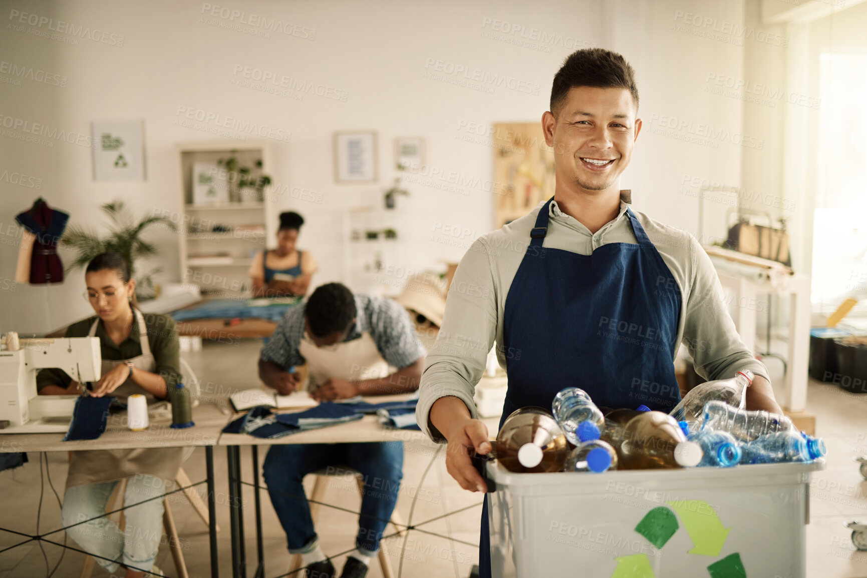 Buy stock photo Sustainable fashion, recycle and portrait of man in studio for plastic material, eco friendly practice and environment. Organization, ethical designer and zero waste with person in clothes workshop