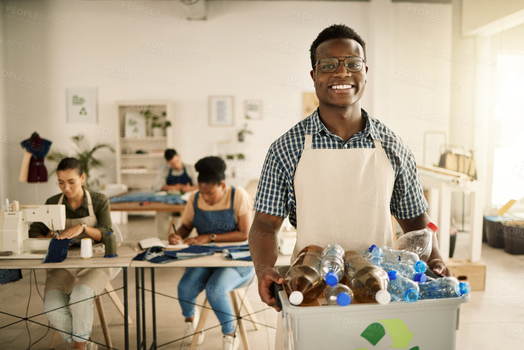 Buy stock photo Sustainable fashion, zero waste and portrait of man in studio for plastic material, eco friendly practice and environment. Organization, ethical designer and recycle with person in clothes workshop