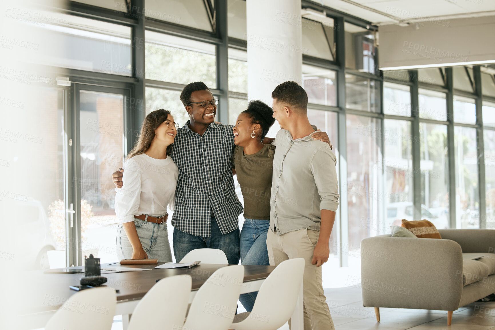 Buy stock photo Teamwork, people and diversity in office as creative designer in company, business or digital agency. Group, employee and confidence with pride, together and coworking for solidarity or collaboration