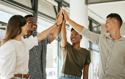 Buy stock photo High five, success or happy people in startup for teamwork, motivation and creative collaboration. Project goal, meeting or confident designers celebrate winning mission victory, deal or group target