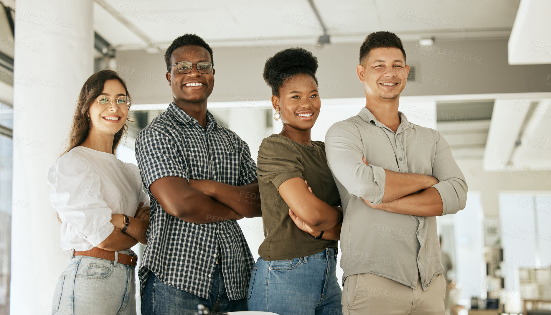 Buy stock photo Portrait, employees and happy at office with arms crossed for teamwork and collaboration as web designers. Business, about us and people with smile or satisfied in confidence for career growth