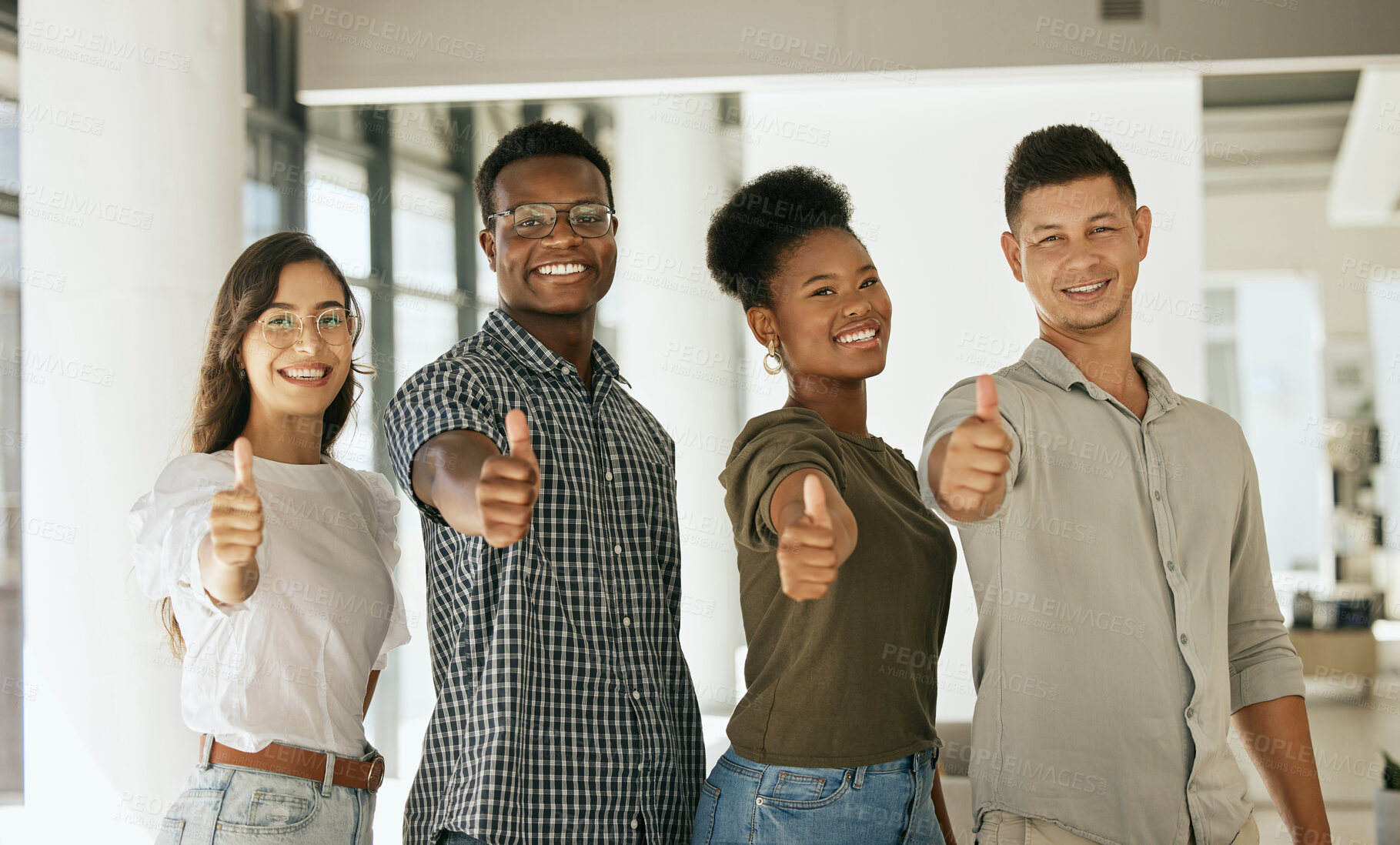 Buy stock photo Portrait, business and people with thumbs up in office for hiring agreement, partnership and team success. Smile, staff and and hand gesture for vote yes, promotion opinion and celebration of project