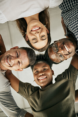 Buy stock photo Portrait, people and diversity in huddle as creative designer in office, business and digital agency. Below, teamwork and confidence with pride, together and coworking for solidarity or collaboration