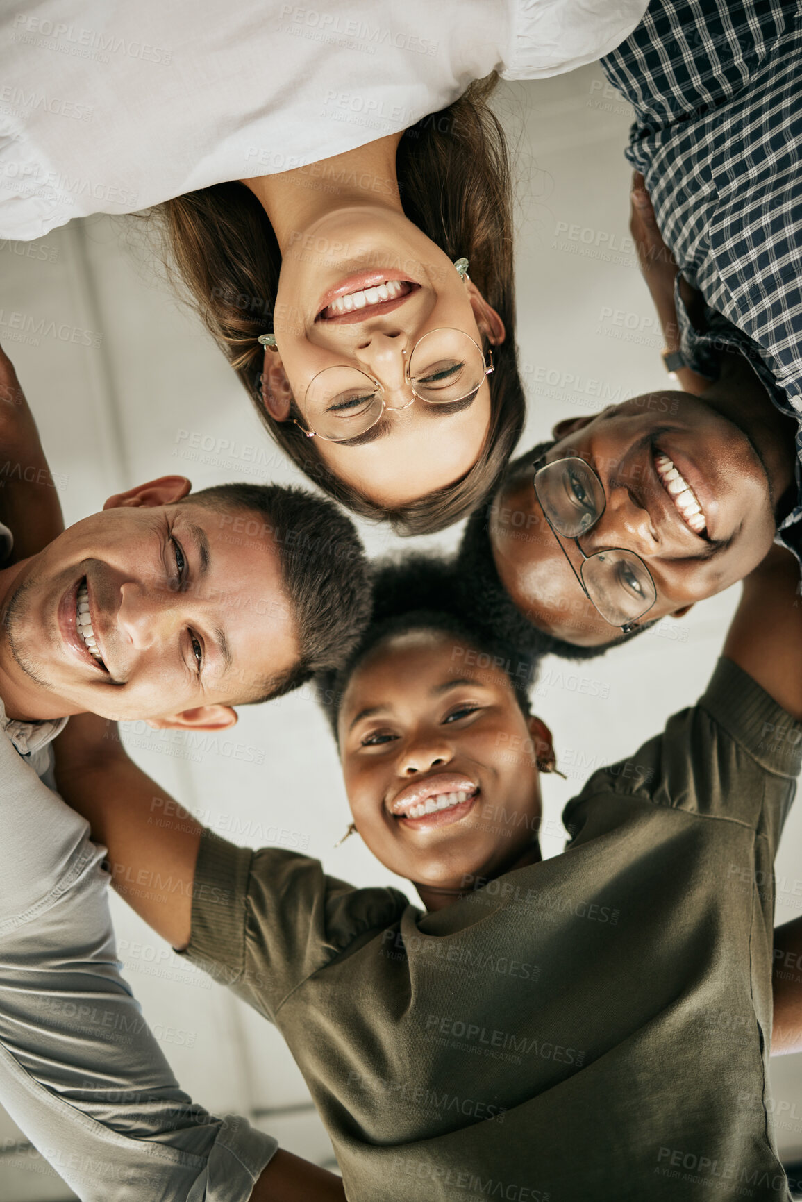 Buy stock photo Portrait, people and diversity in huddle as creative designer in office, business and digital agency. Below, teamwork and confidence with pride, together and coworking for solidarity or collaboration