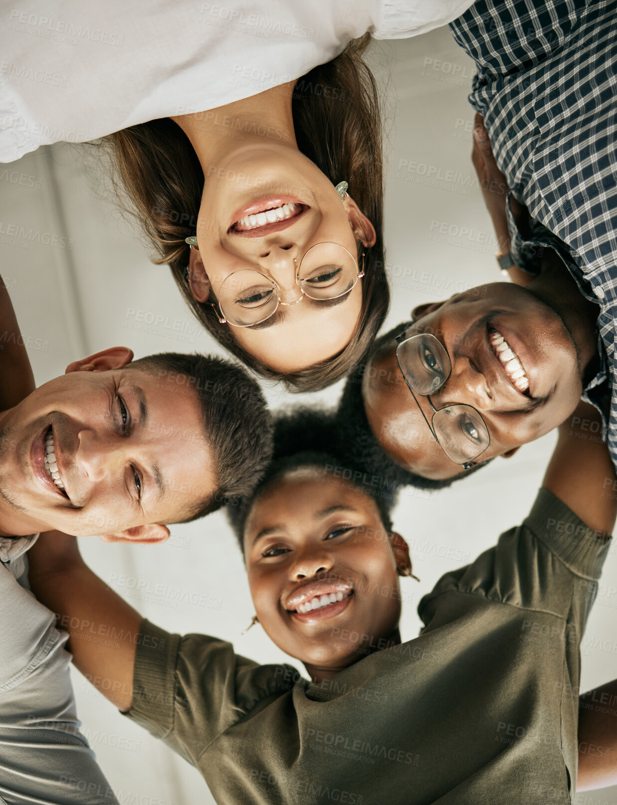 Buy stock photo Portrait, people and together in huddle as creative designer in office, business and digital agency. Below, teamwork and confidence with pride, diversity and coworking for solidarity or collaboration