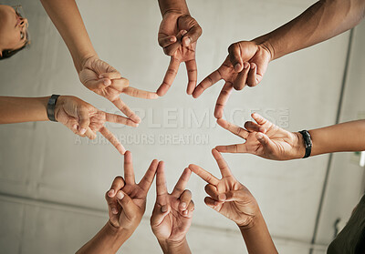 Buy stock photo Hands, people and synergy in office as together in company, business or digital agency. Creative designer, team building and commitment with pride, group and coworking for solidarity or collaboration