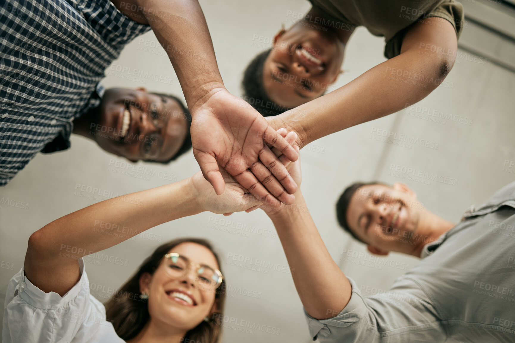 Buy stock photo Business, people and happy with hands together in office with below, support and team building. Collaboration, employees and victory pile in celebration of company achievement, solidarity and target