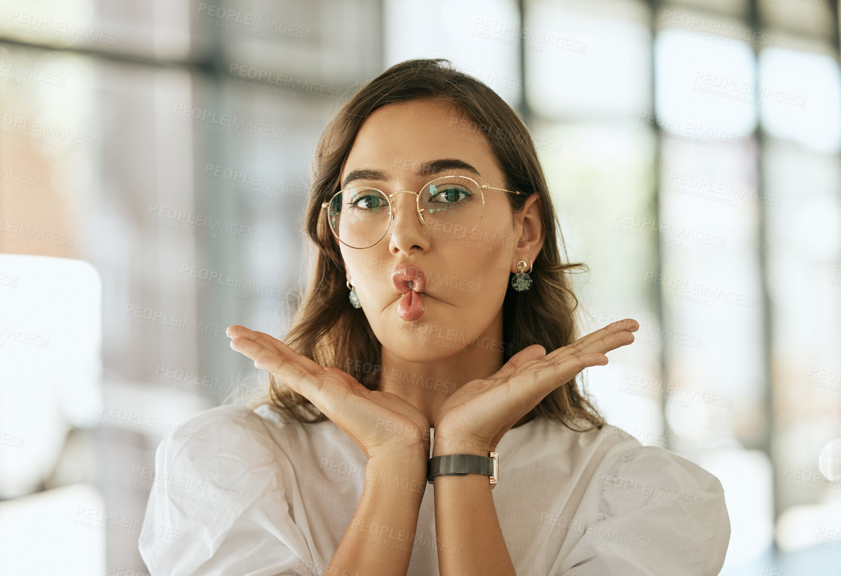 Buy stock photo Fish face, portrait and woman in office, glasses and pout with lips, hands and playful with confidence. Expression, silly and person with eyewear, goofy and fun with humor, comedy and business