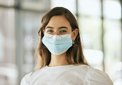 Buy stock photo Portrait, mask and woman in office, safety and confident with protection, virus and infection. Business, professional and allergy relief with face cover, employee and prevention of  flu and health