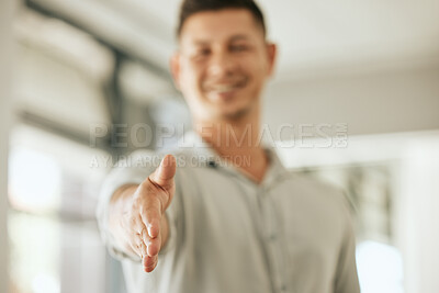 Buy stock photo Businessman, handshake and meeting with offer for greeting, introduction or welcome at office. Closeup, man or employee shaking hands with smile, gesture or recruiting for promotion or partnership