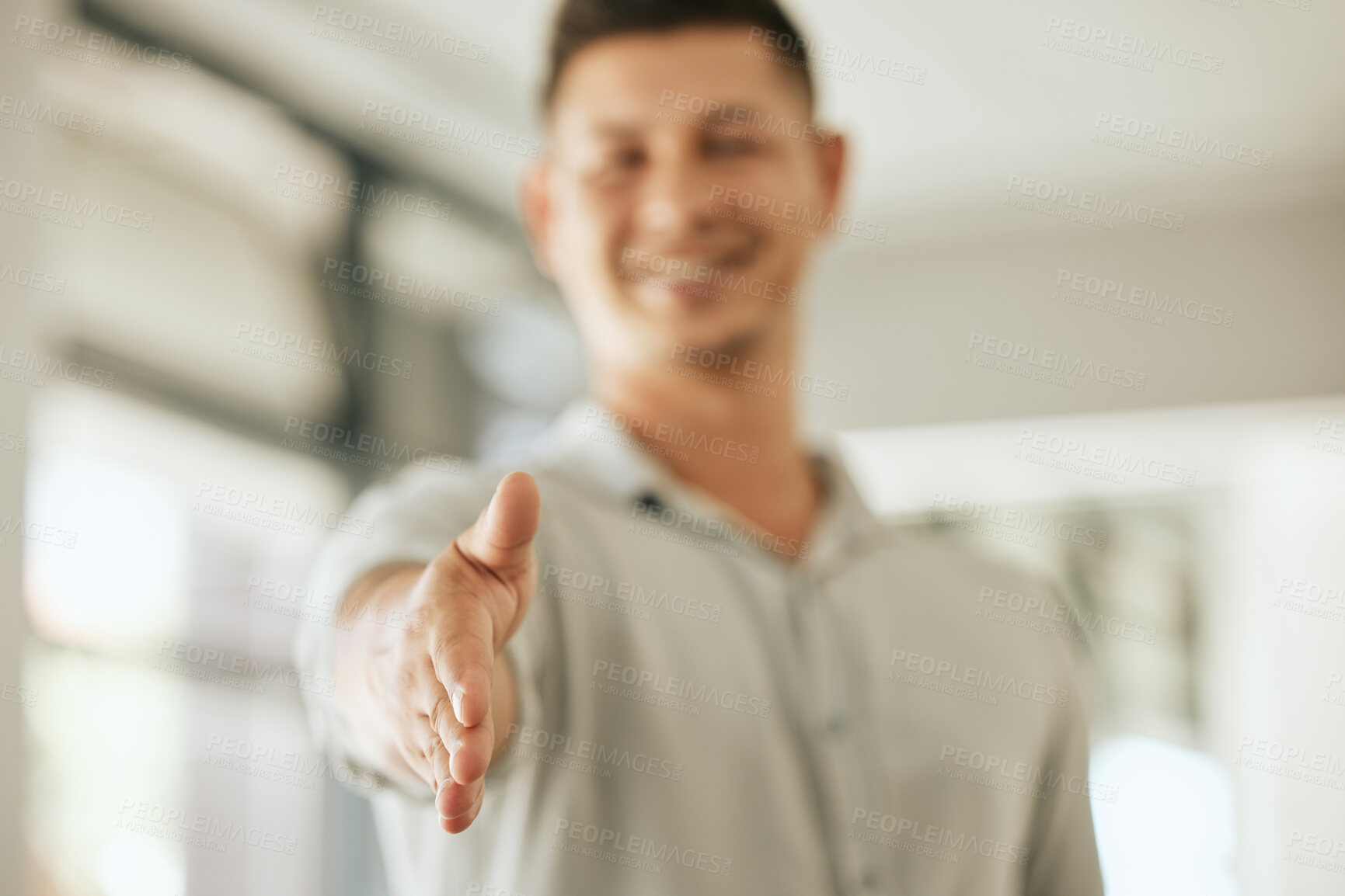 Buy stock photo Businessman, handshake and meeting with offer for greeting, introduction or welcome at office. Closeup, man or employee shaking hands with smile, gesture or recruiting for promotion or partnership