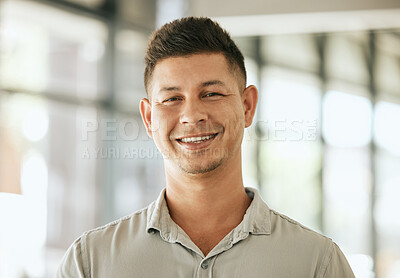 Buy stock photo Portrait, smile and man in office, confident and ambitious for business, proud and expert of project. Entrepreneur, happy and person in company, professional and consultant in finance and joy