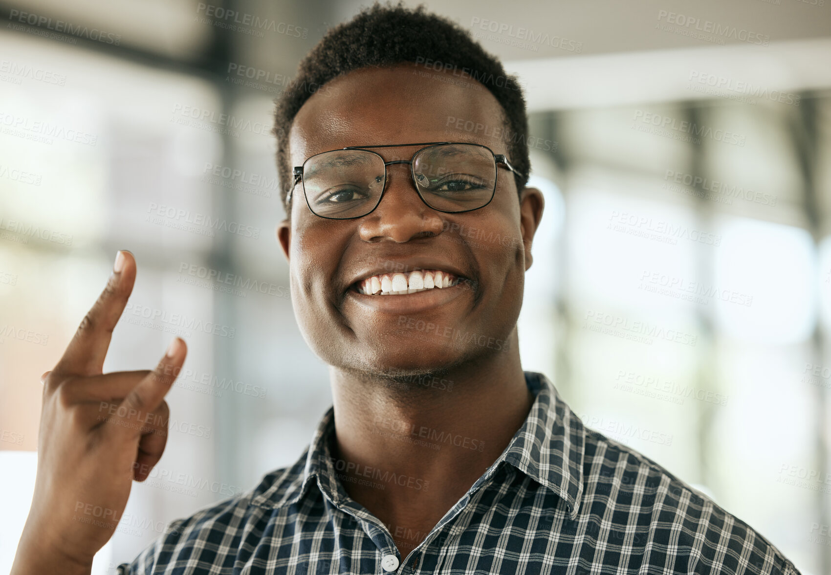 Buy stock photo Portrait, happy black man and rock sign for business feedback, success and glasses in creative startup. Face, smile and devil horn hand gesture for social media, punk emoji and heavy metal in Rwanda