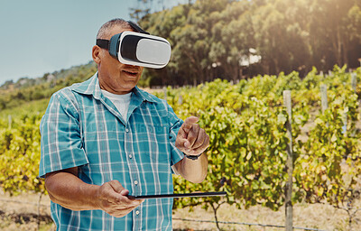 Buy stock photo Senior, man and tablet with vr headset in vineyard for interactive metaverse, winery tour or digital innovation. Point, guest and user experience of grape farm with 3D glasses for harvest simulation