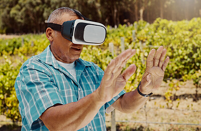 Buy stock photo Senior, man and hands with vr headset in vineyard for interactive metaverse, winery tour and digital innovation. Person, guest and user experience of grape farm with 3D glasses for harvest simulation