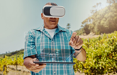 Buy stock photo Senior, man and overlay with vr headset in vineyard for interactive metaverse, winery tour or digital innovation. Tablet, guest or user experience with 3D glasses for harvest simulation or graph data