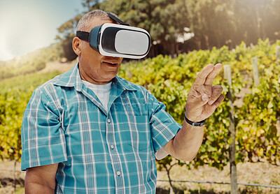 Buy stock photo Mature, man and hands with vr headset in vineyard for interactive metaverse, winery tour and digital innovation. Person, guest and user experience of grape farm with 3D glasses for harvest simulation