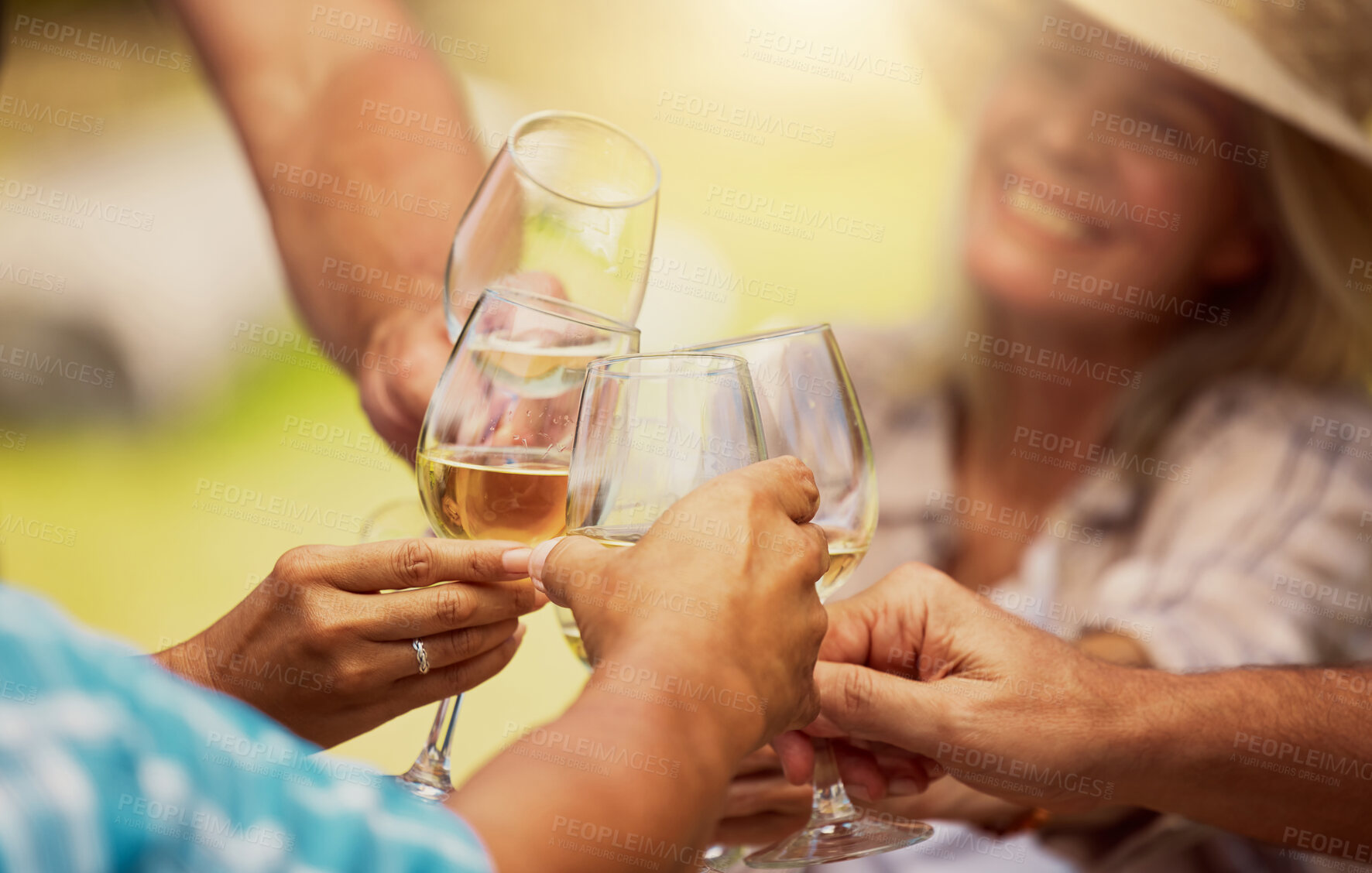 Buy stock photo Outdoor, hands and friends with wine glass for toast on tasting, date and bonding in France. Vineyard, people and smile with alcohol for cheers on celebration, party and relax on break with love