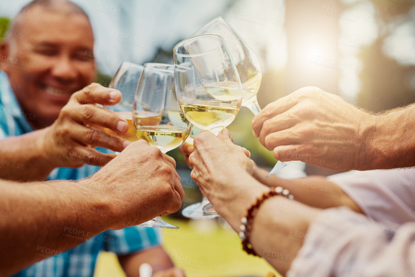 Buy stock photo Outdoor, hands and people with wine glass for toast on tasting, date and bonding in France. Vineyard, friends and smile with alcohol for cheers on celebration, party and relax on break with love