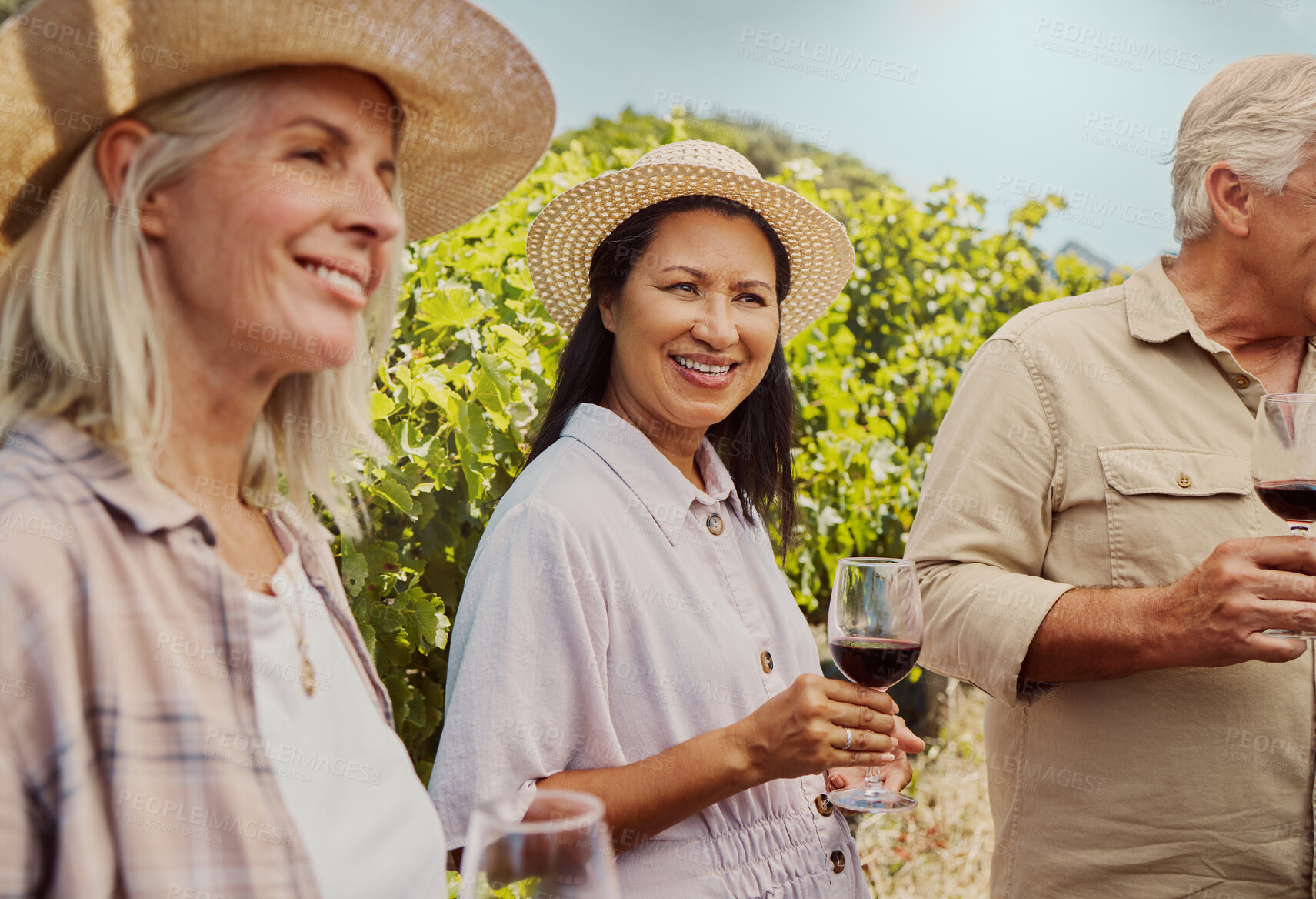 Buy stock photo Vineyard, people and smile as friends with wine glass for tasting, drinking and break in France. Farm, outdoor and together with laughing or happy on alcohol with bonding, support or holiday on date